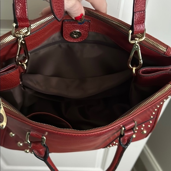 Red Studded leather Satchel with gold Accents - Picture 6 of 15